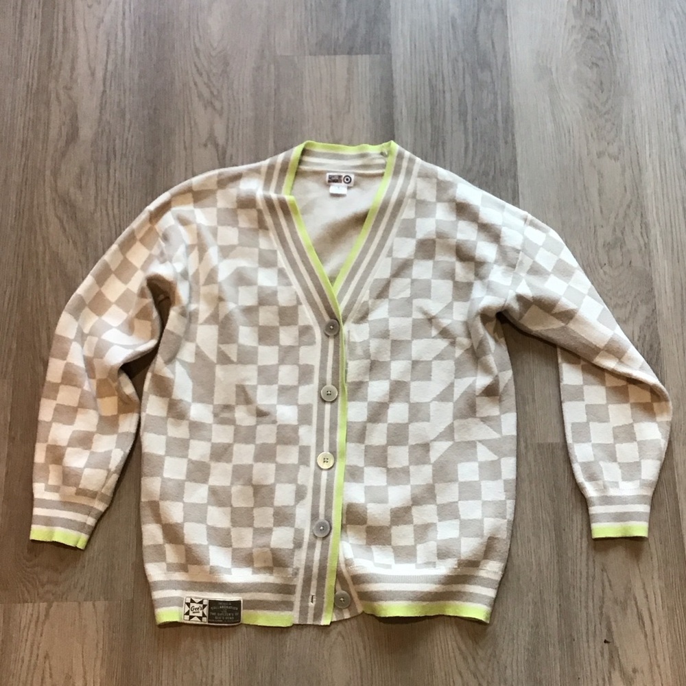 Checkered Cardigan with Neon Accents